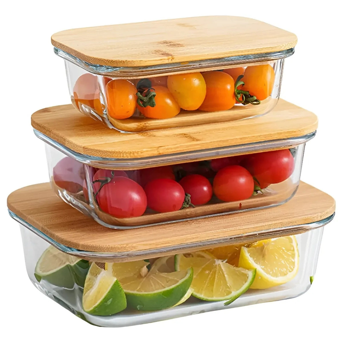 Set 3 Taper Vidrio Hermetico Tapa Bambu Contenedor Comida