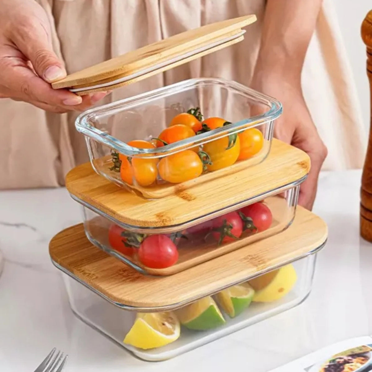 Set 3 Taper Vidrio Hermetico Tapa Bambu Contenedor Comida