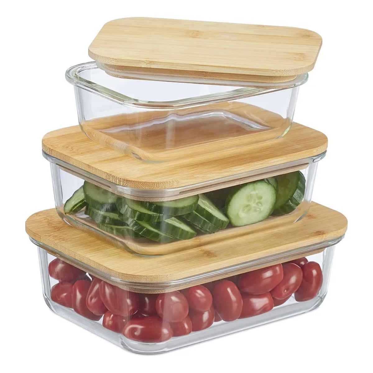 Set 3 Taper Vidrio Hermetico Tapa Bambu Contenedor Comida
