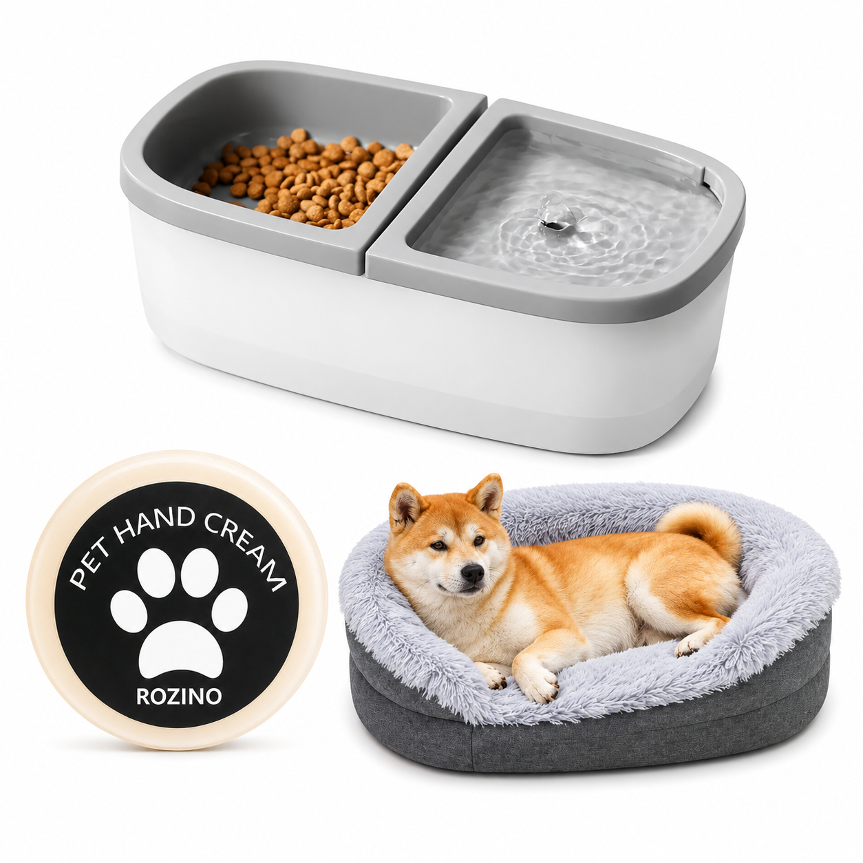 Pack Bienestar Peluditos Balsamo + Cama + comedero y bebedero