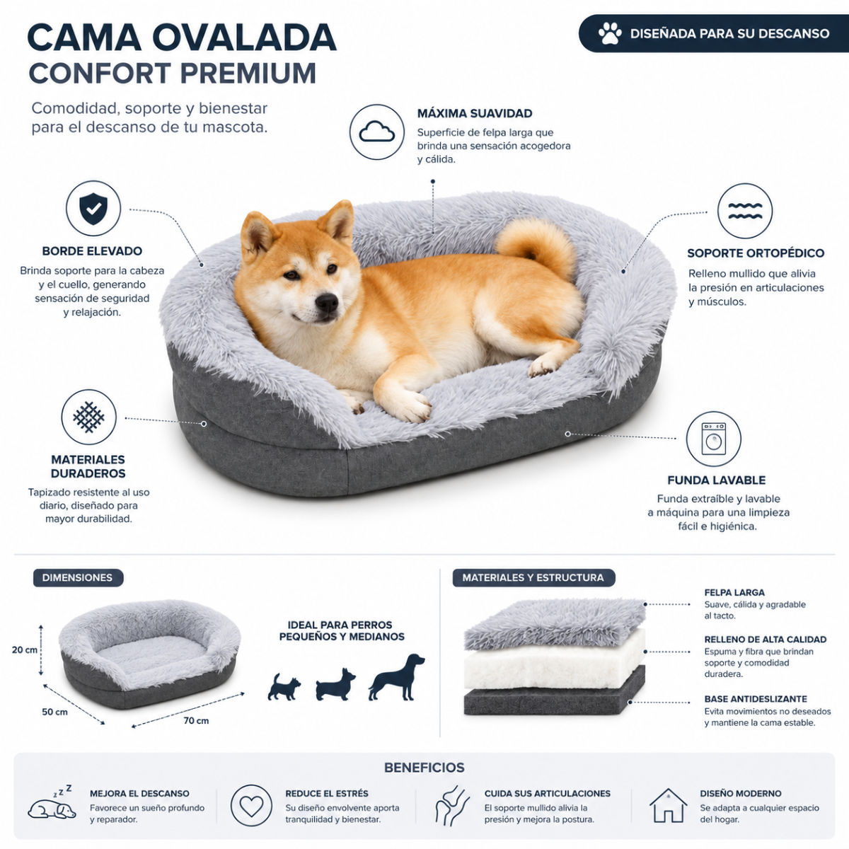 Cama Para Perro Gatos Camas Mascota Cama Antiestres 100x70cm
