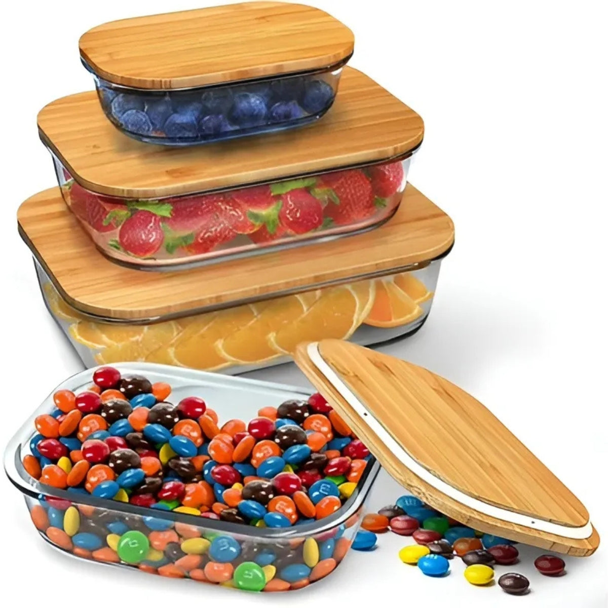 Set 3 Taper Vidrio Hermetico Tapa Bambu Contenedor Comida