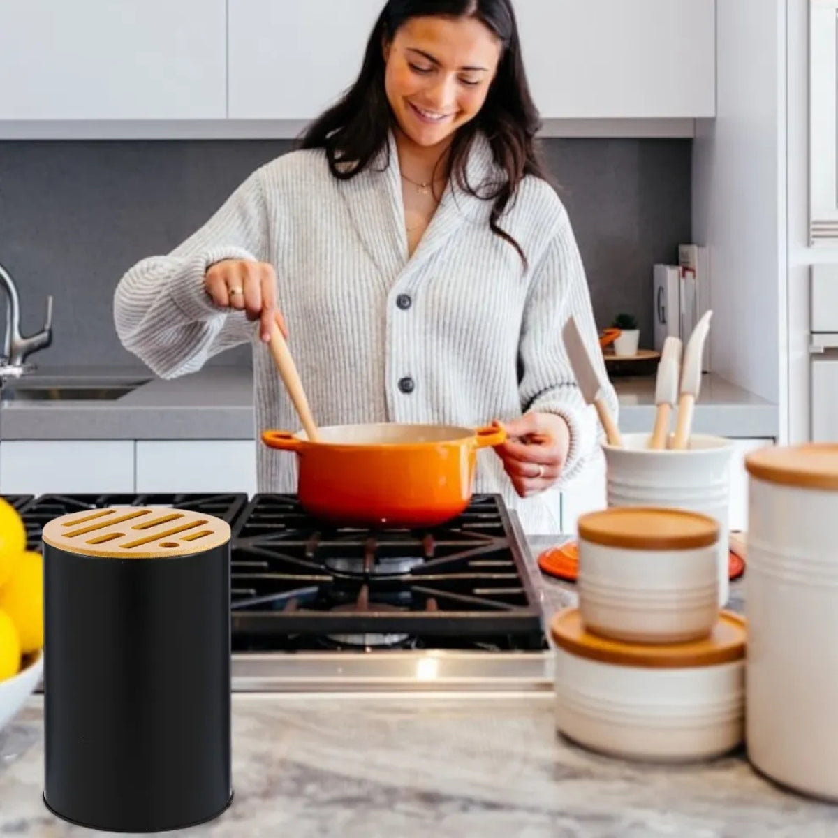 Porta Cuchillos Tapa Bambu Soporte Organizador Para Cocina