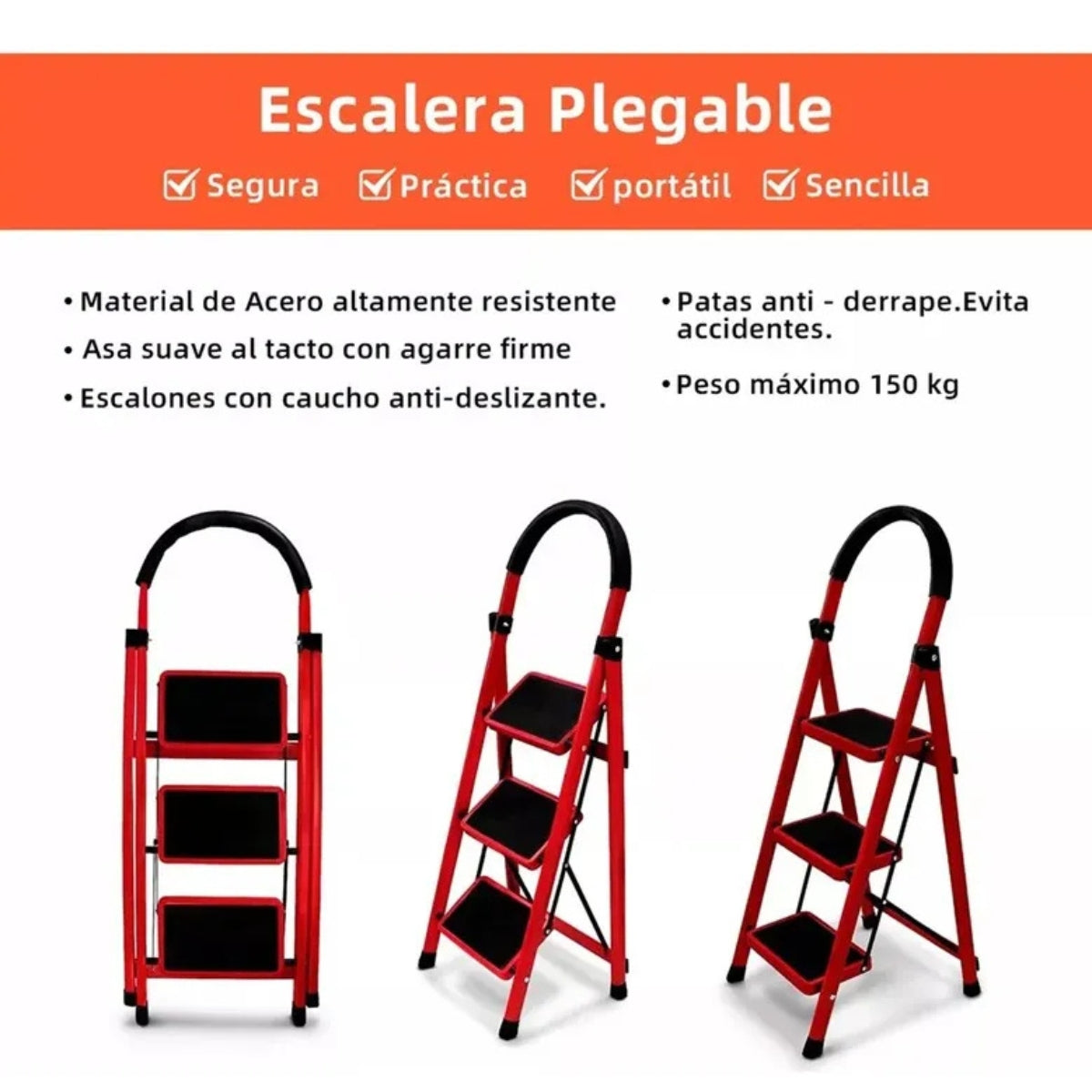Escalera Plegable 3 Peldaños Antideslizante Piso Escaleras