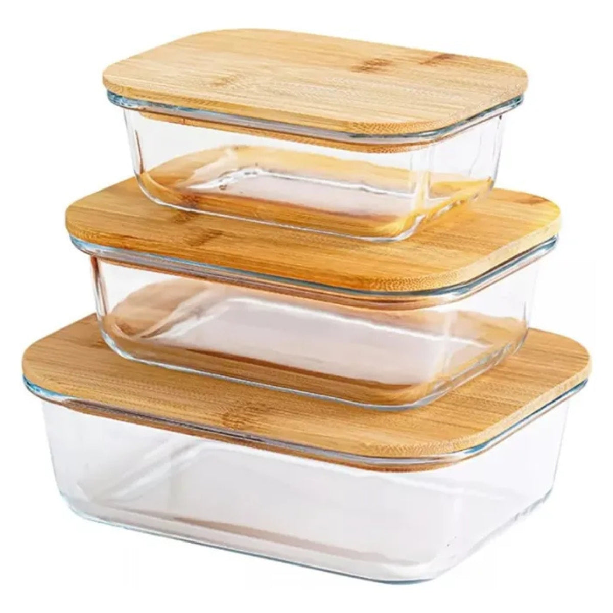 Set 3 Taper Vidrio Hermetico Tapa Bambu Contenedor Comida