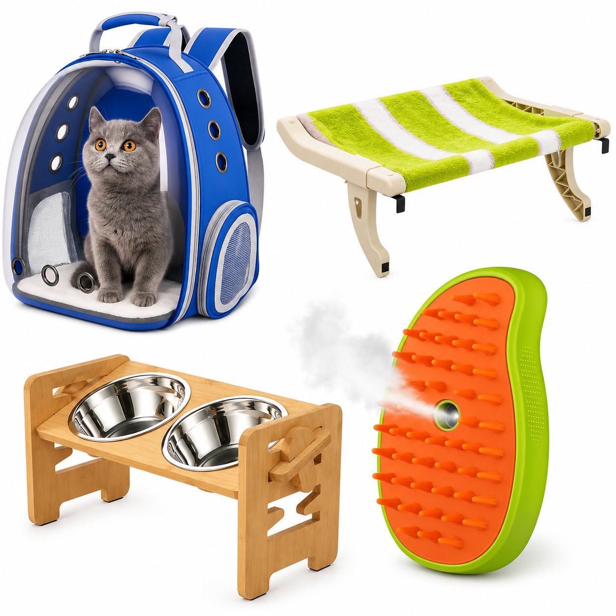 Pack Gato Premium Comedero + Cepillos + Hamaca + Mochila