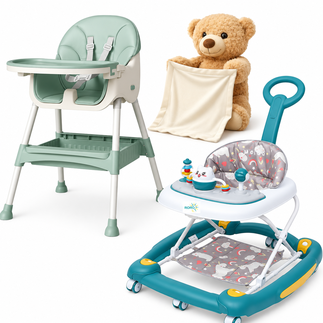 Pack Aprendizaje Bebe Andadera + Silla De Comer + Oso Parlante