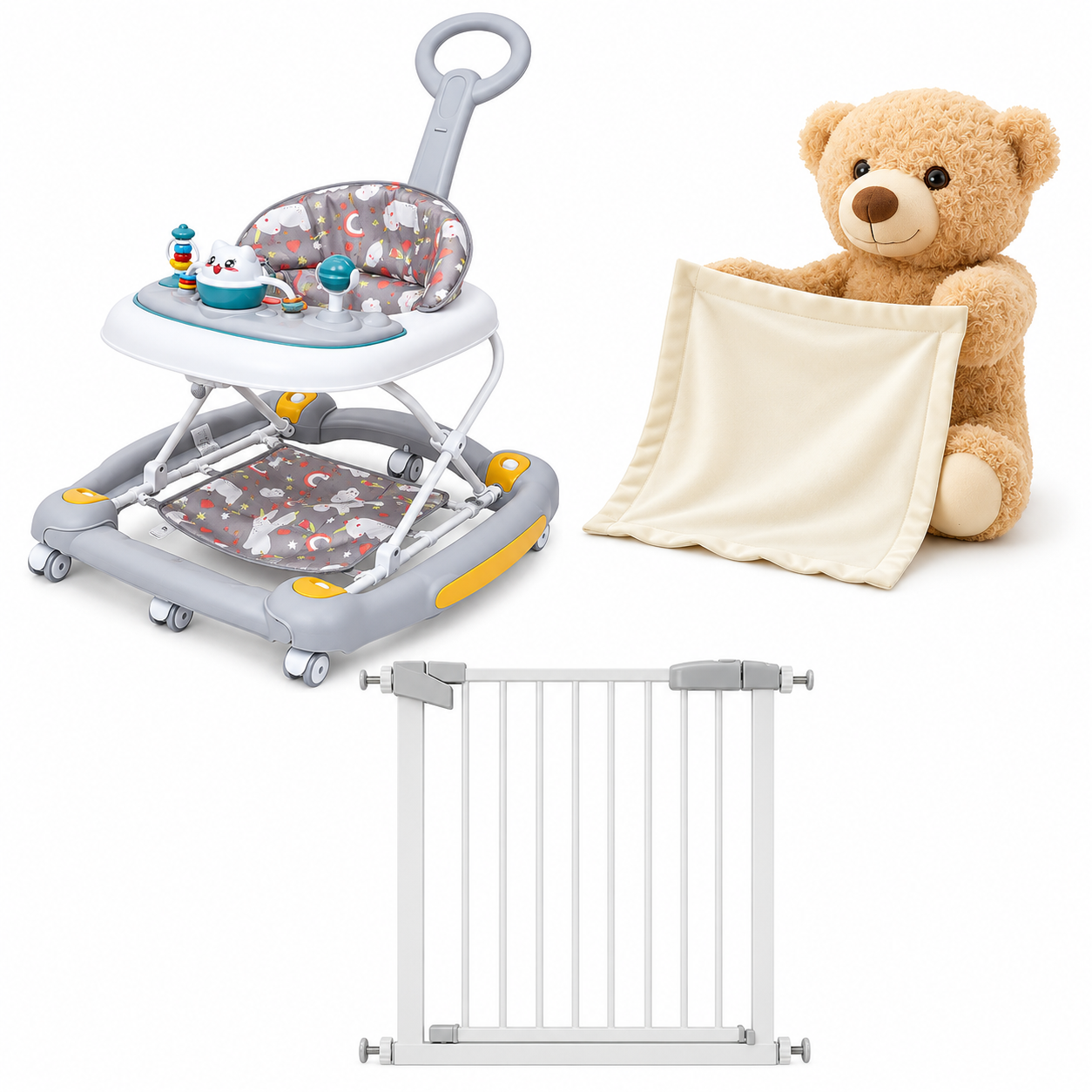 Pack Para tu Bebe Reja De Seguridad + Andador + Oso Parlante