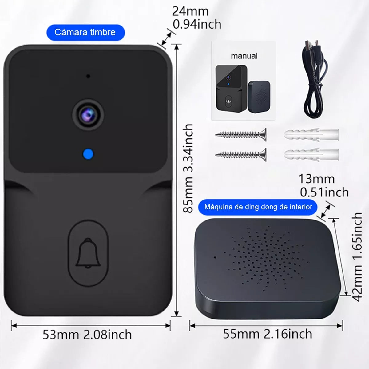 Timbre Inalámbrico Exterior Wifi Cámara 1080p Casa Seguridad Color Negro