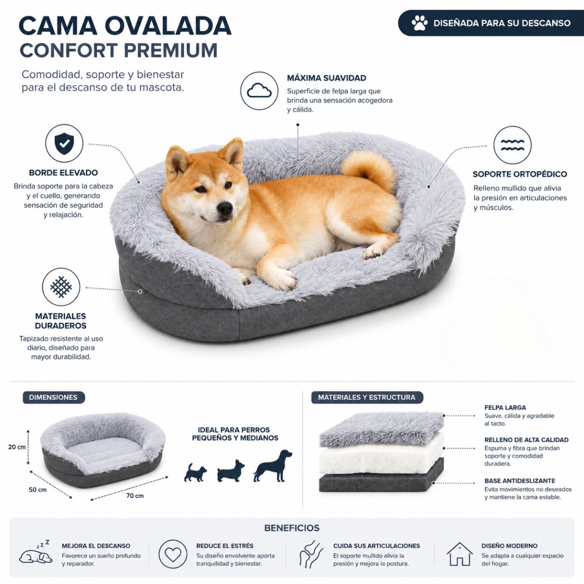 Cama Para Perro Gatos Camas Mascota Cama Antiestres 100x70cm