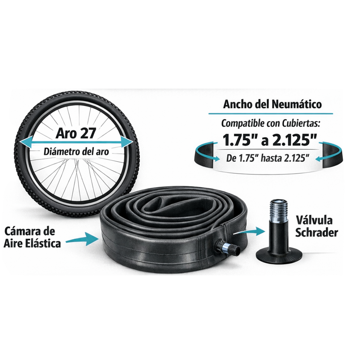 Camara Bicicleta Camaras  Aros 26 ,27, 29 Válvula Schrader Rango 1.75" -2.125"