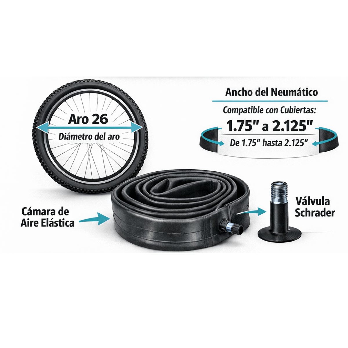 Camara Bicicleta Camaras  Aros 26 ,27, 29 Válvula Schrader Rango 1.75" -2.125"